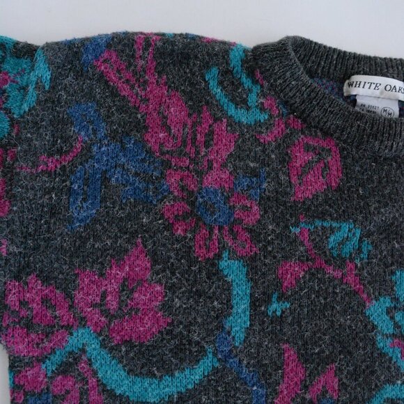 Vintage White Oaks Grey w Pink Teal Floral Knit Crewneck Sweater M - Picture 12 of 13
